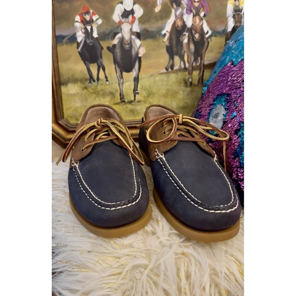 POLO Ralph Lauren BIENNE II Leather Boat Fisherman Shoe Blue Brown Men 12 Photos